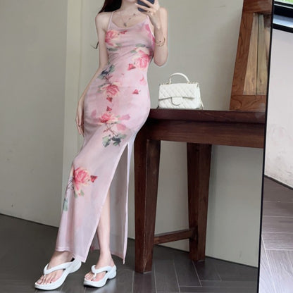 Rose Print Cami Slit Swing Collar Dress