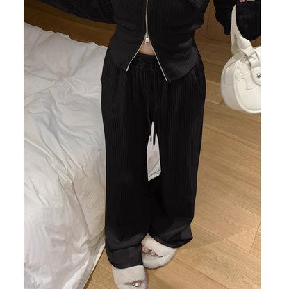 Zipper Slim Lapel Top Wide Leg Pants Set