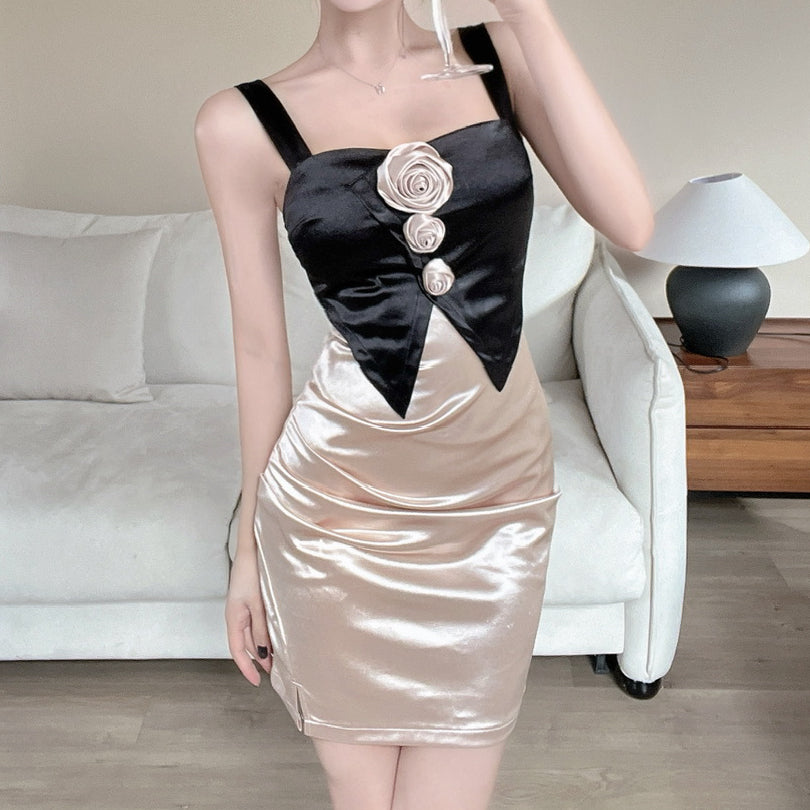 Satin Camisole Contrasting Hip-Hugging Short Dress