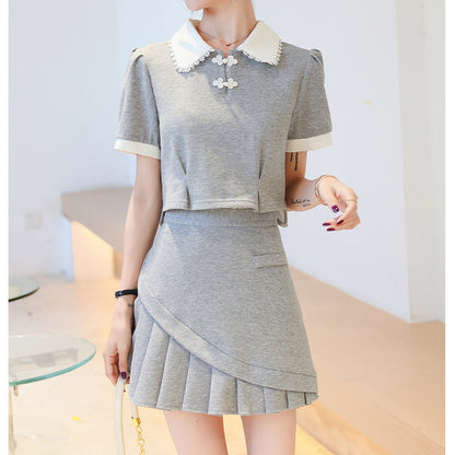 Back Bow Doll Collar Top Pleated Skirt Set