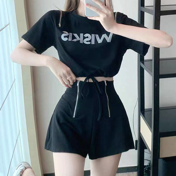 Off-The-Shoulder Zipper T-Shirt Wide-Leg Shorts Set