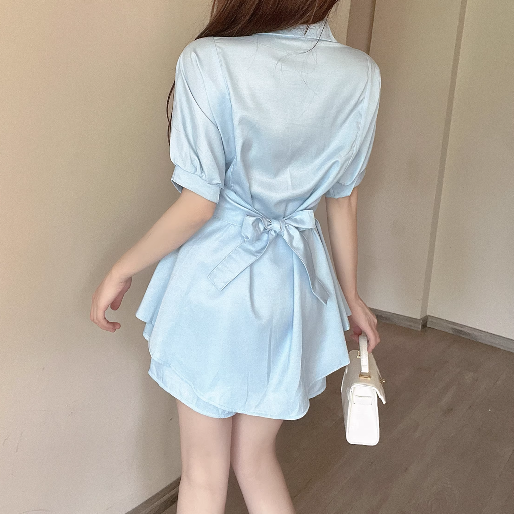 Waist-Tie Lace-Up Short-Sleeved Shirt Dress