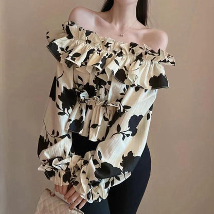 Floral Long-Sleeved Shirt Off-Shoulder Ruffled Top