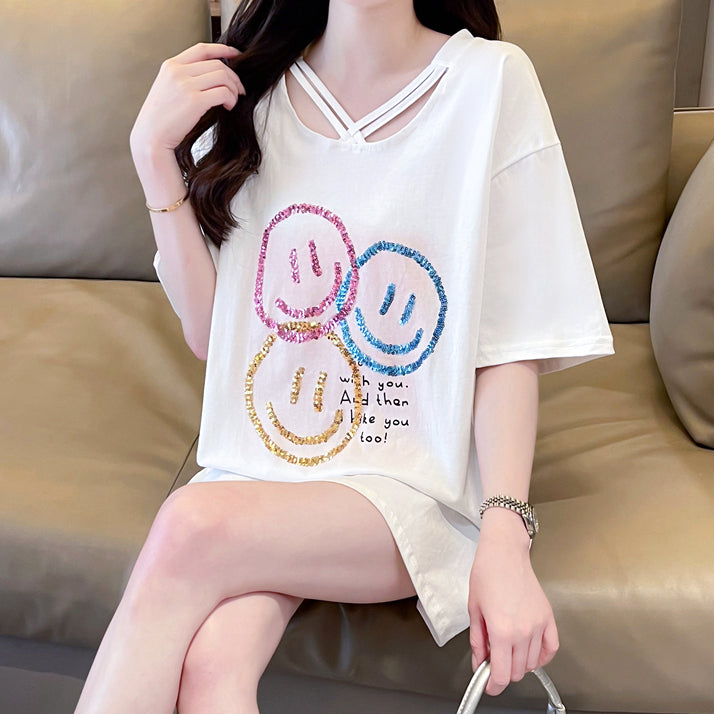 Hollow V-Neck Loose Colorful Smiley Face T-Shirt