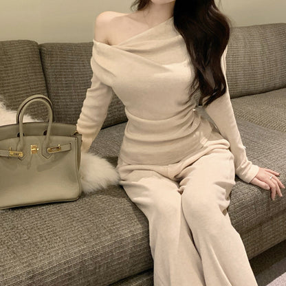 Sloping Shoulders Long-Sleeved Top Set Wide-Leg Pants