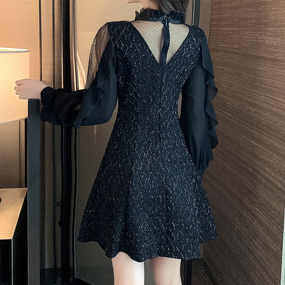 Lotus Leaf Long Sleeve Neck V Neck Dress