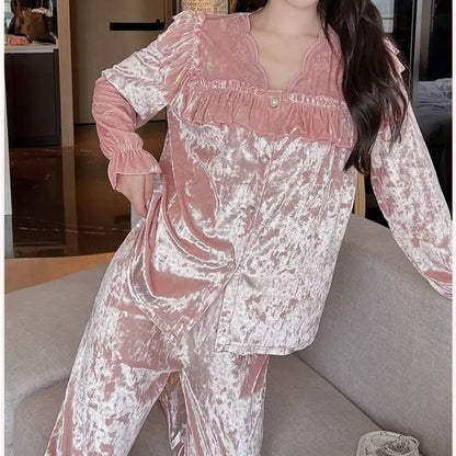 Palace Style Velvet Ruffle Home Pajamas Set