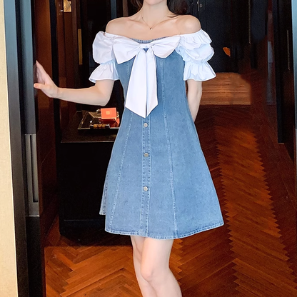 Puff Sleeve Bow Patchwork Denim Dress