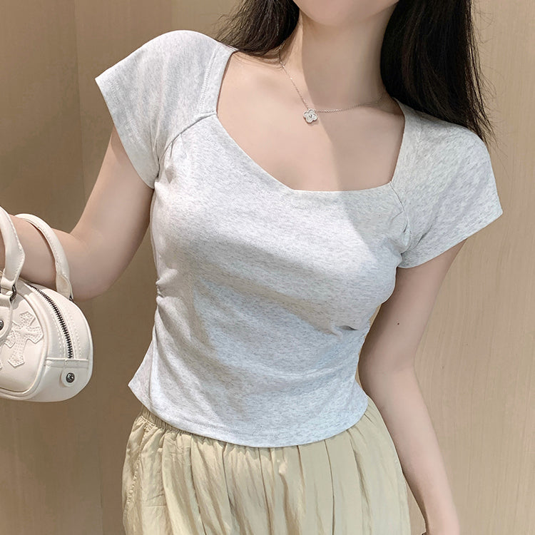 Irregular Square Neck Solid Color Slim T-Shirt