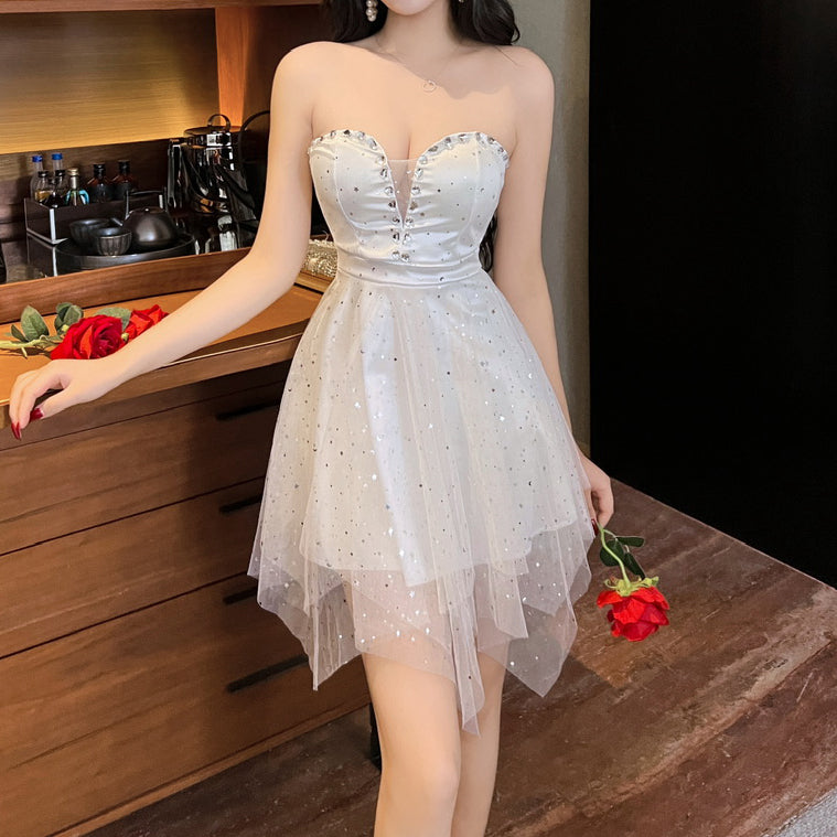 Mesh Diamond-Embellished Tube Top Puffy Dress