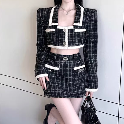 Plaid Long Sleeve Short Jacket Slit Belt Skirt Set