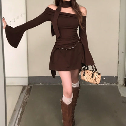 Off-Shoulder Trumpet Sleeve Solid Color Hip Dress