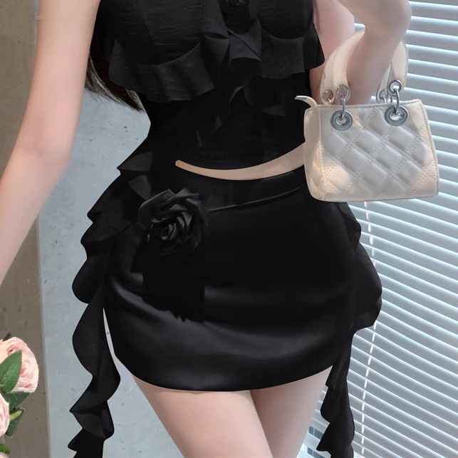 Irregular Ribbon Tube Top Floral Skirt Set