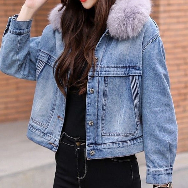 Furry Collar Thickened Plush Warm Denim Jacket