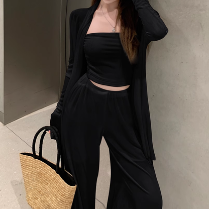 Elastic Vest Wide-Leg Pants Long-Sleeved Cardigan Set