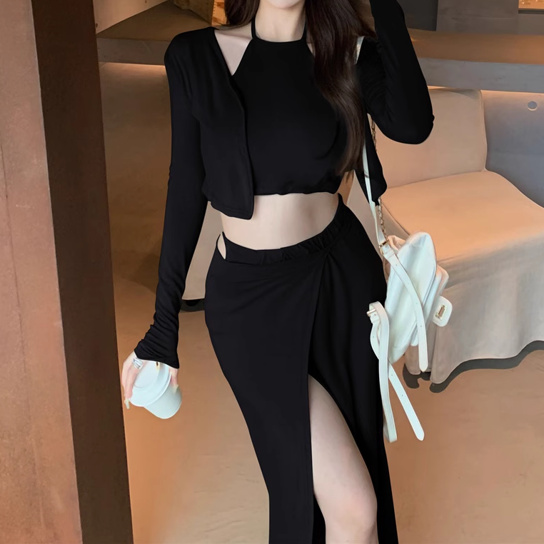 Hanging Neck Vest Cardigan Slit Skirt Three Piece Set