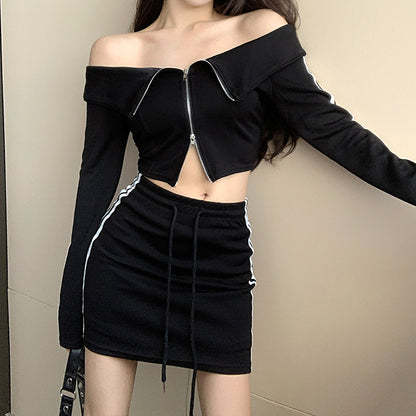 Off-Shoulder Top Striped Elastic Waist Skirt Set