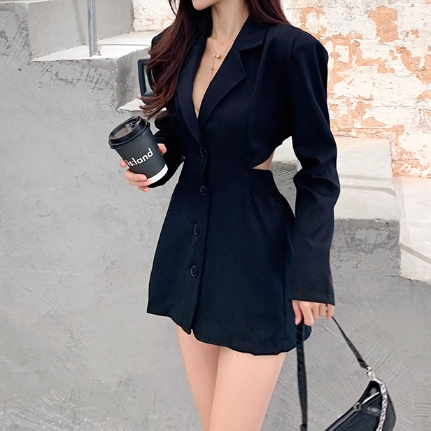 Open Waist Long Sleeves Blazer Collar Dress