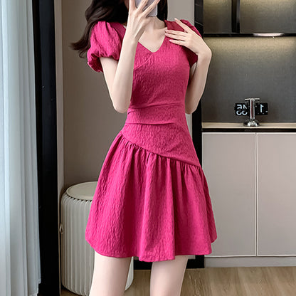 Solid Color V-Neck Puff Sleeve Pleated Dress