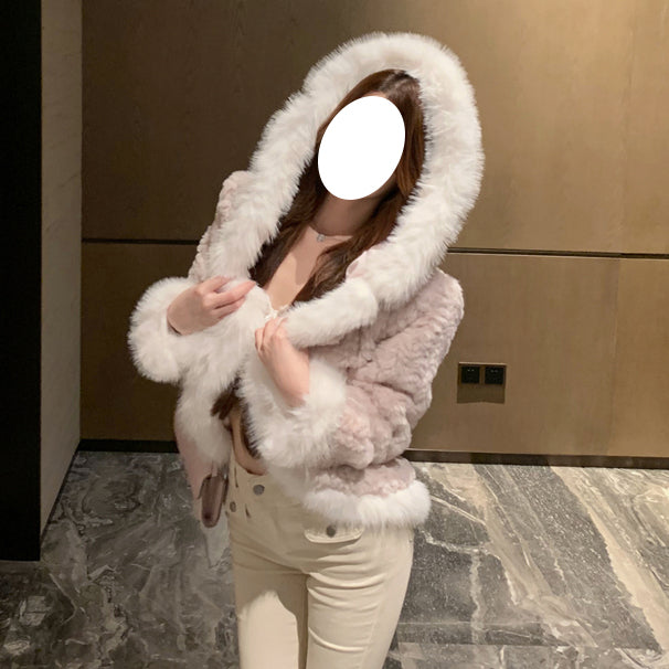 Contrast Color Stitching Long-Sleeved Top Hooded Fur Coat