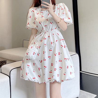 Puff Sleeve Waist Neck Square Neck Floral Dress