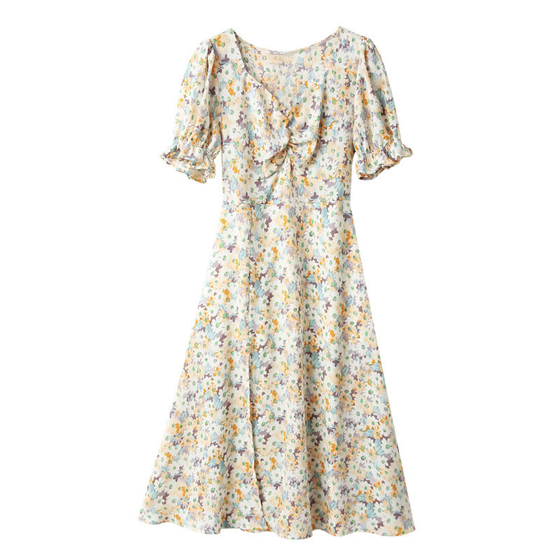 V-Neck Twisted Puff Sleeve Slit Waist Floral Dress