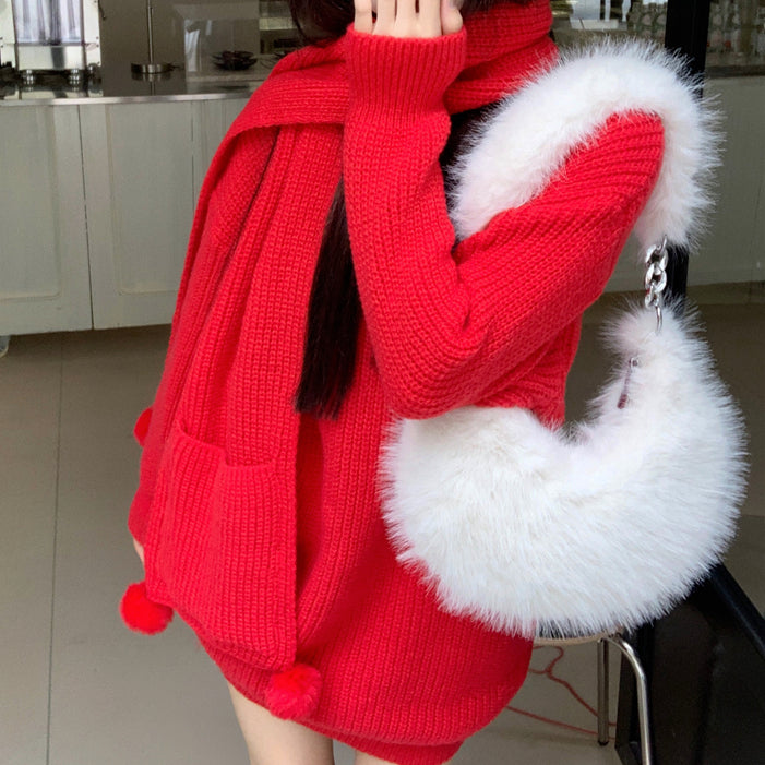 Loose Round Neck Long Christmas Scarf Sweater