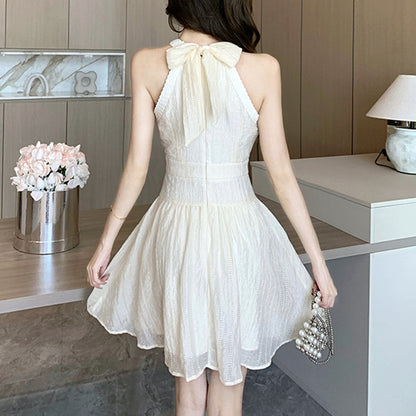 Sleeveless High Waist Halter Neck Lace Ribbon Dress