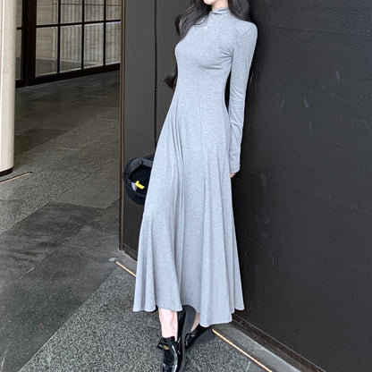 Streamlined Gray Elastic Half-High Collar Bodycon Dress