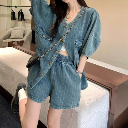 Loose V-Neck Denim Top Wide-Leg Shorts Set