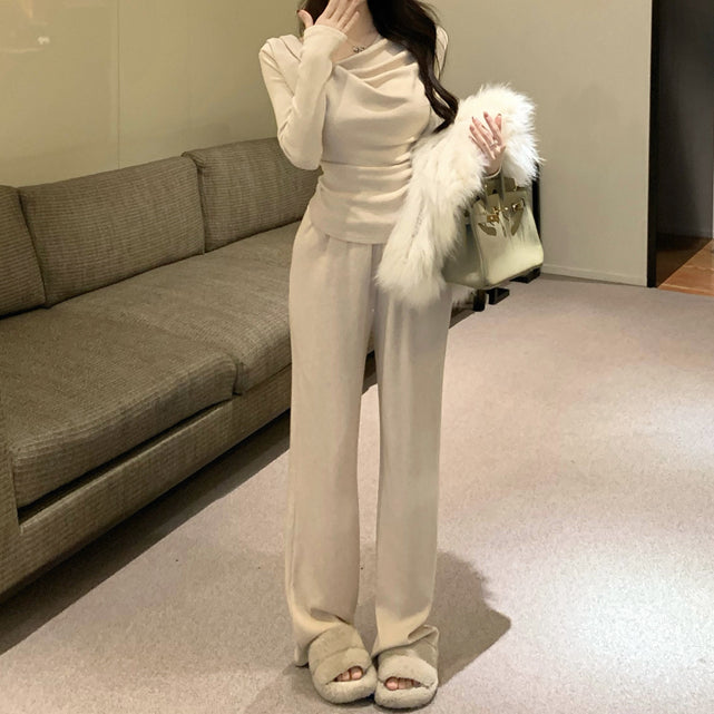 Sloping Shoulders Long-Sleeved Top Set Wide-Leg Pants