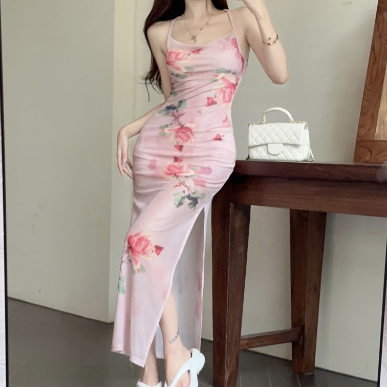 Rose Print Cami Slit Swing Collar Dress