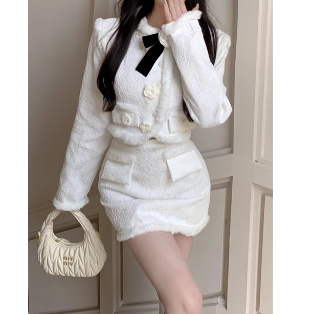 Flower Bow Plush Coat Skirt Elegant Set