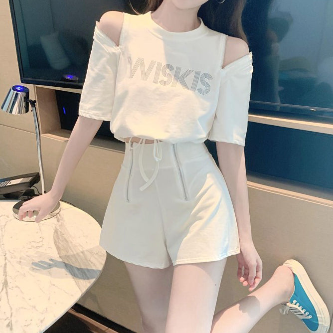 Off-The-Shoulder Zipper T-Shirt Wide-Leg Shorts Set