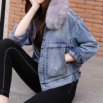 Furry Collar Thickened Plush Warm Denim Jacket