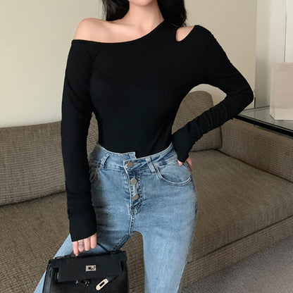 Solid Color Off-Shoulder Long-Sleeved Knitted T-Shirt Top