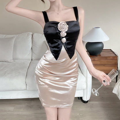 Satin Camisole Contrasting Hip-Hugging Short Dress