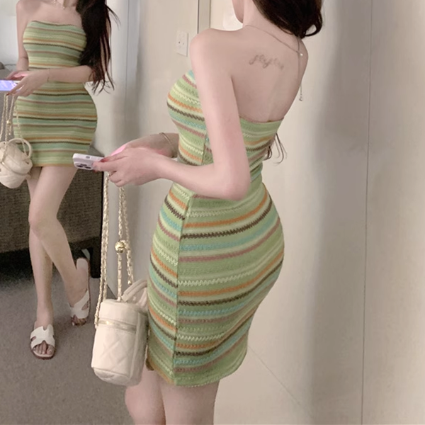 Colorful Wave Striped Braided Tube Dress