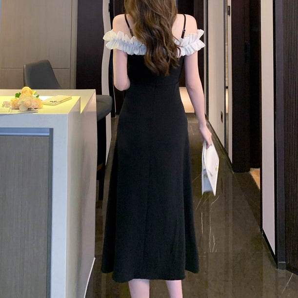 Off-Shoulder Fungus Collar Slit Long Dress