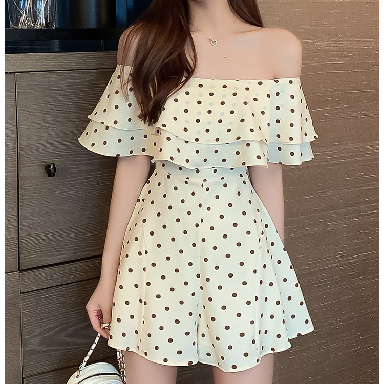 Ruffled Polka Dot Waist Slim Jumpsuit Shorts