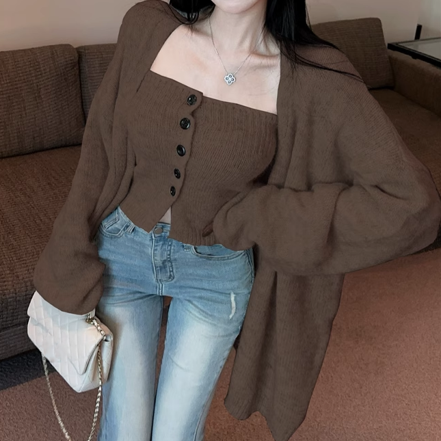 Single-Breasted Tube Top Knitted Cardigan Set