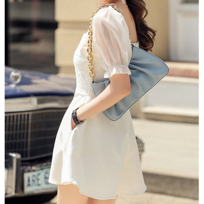 Square Neck Lace Puff Sleeve Slim Fit Jumpsuit