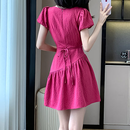 Solid Color V-Neck Puff Sleeve Pleated Dress