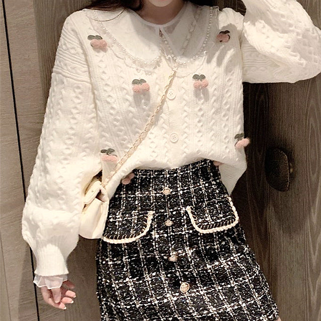 Cherry Lace Round Neck Button Knit Cardigan