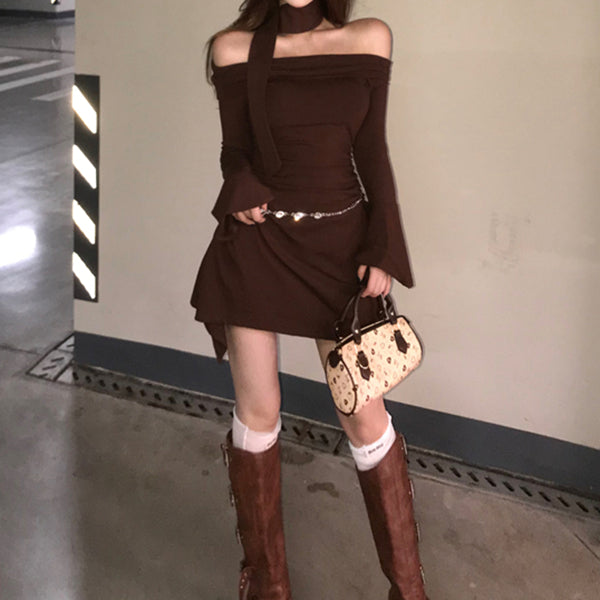 Off-Shoulder Trumpet Sleeve Solid Color Hip Dress