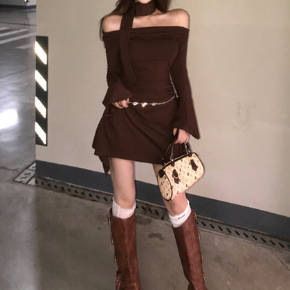 Off-Shoulder Trumpet Sleeve Solid Color Hip Dress