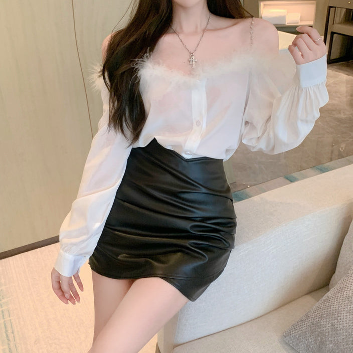 Raw Edge Long-Sleeved Shirt Leather Skirt Set