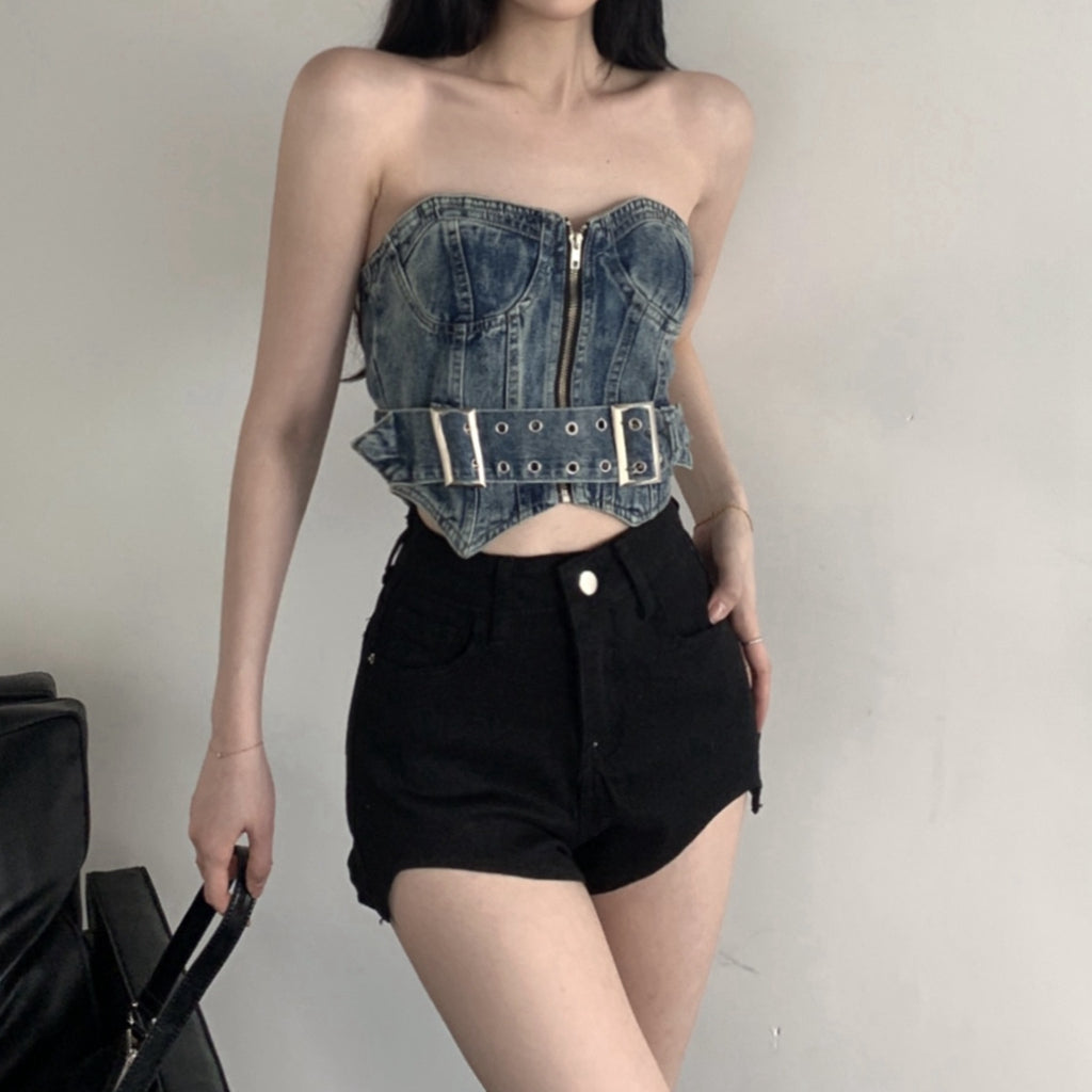 Retro Denim Tube Top Irregular High Waist Shorts