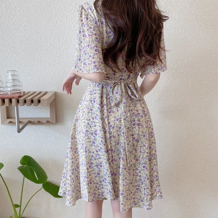 Waisted Short-Sleeved Chiffon V-Neck Floral Dress