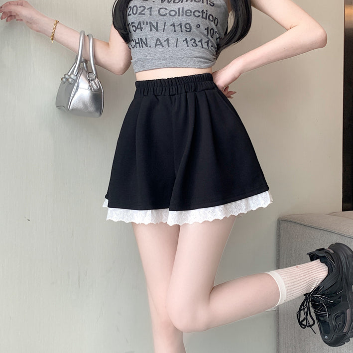 Lace Elastic Waist Pocket Casual Shorts